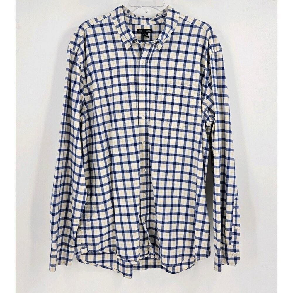GAP Slim Fit Mens Sz XXL Cotton Shirt Button Down Long Sleeve Blue Yellow Plaid